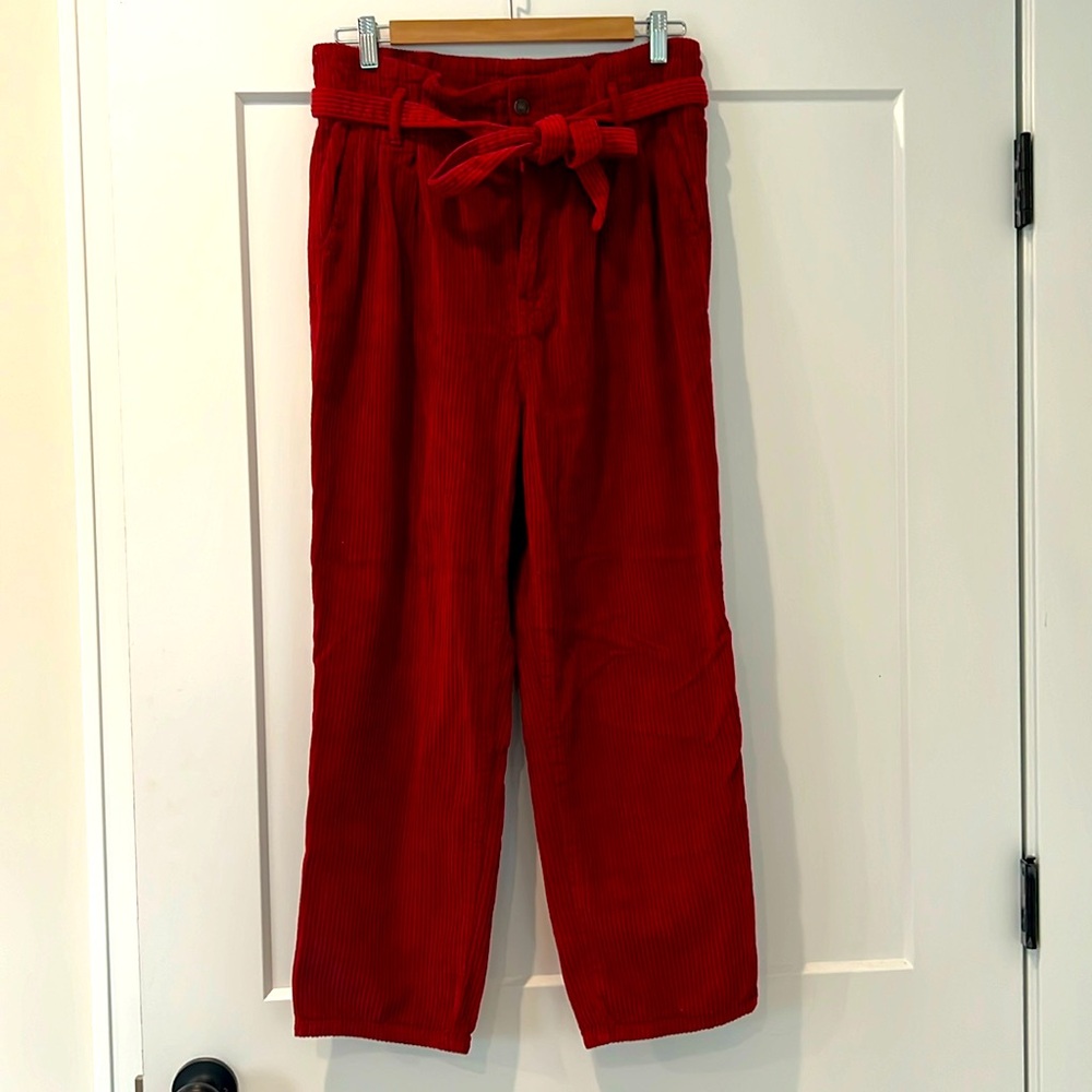Paper bag straight leg red corduroy pant